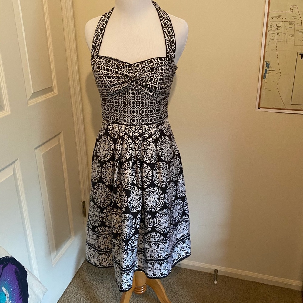 WHBM black and white silk retro midi halter dress